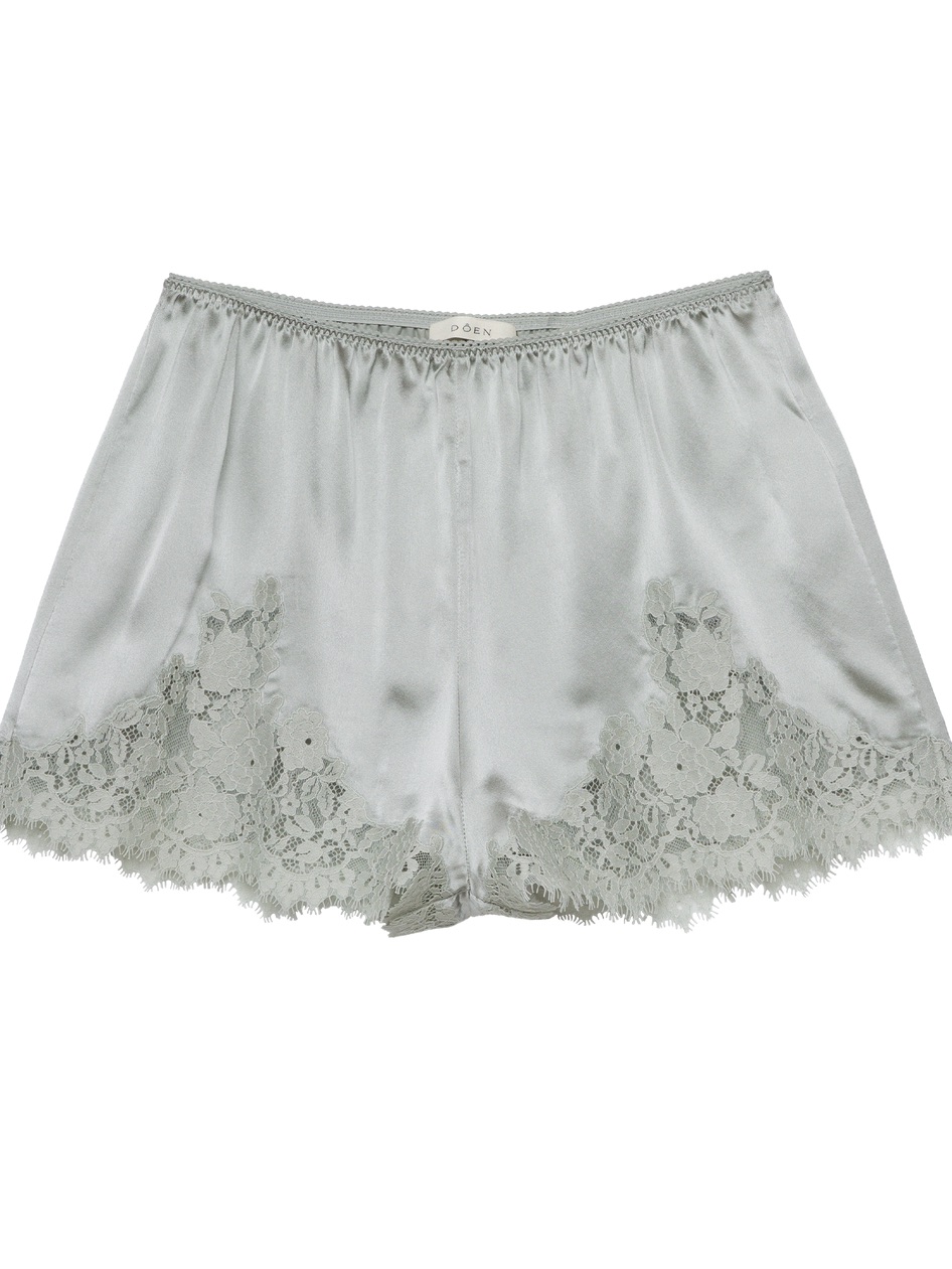 Doen Pale Sage Silk Lace-Trim Shorts